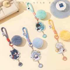 Four cute Honkai: Star Rail acrylic keychains are displayed with fluffy pom-poms in grey, blue, mint, and yellow. Each has a colored lanyard and a chibi character charm with a small pendant.