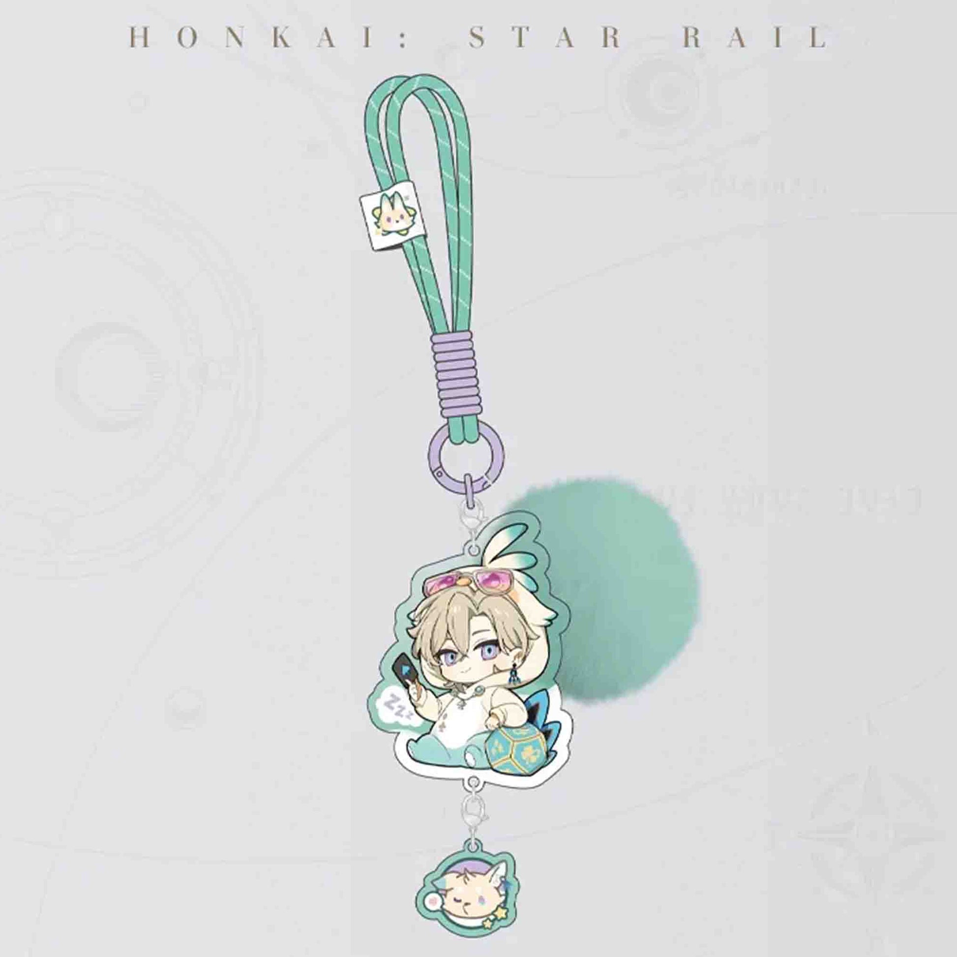 A single Honkai: Star Rail acrylic keychain with a green lanyard. It has a blonde character with bunny ears and sunglasses, plus a small bunny-shaped pendant.