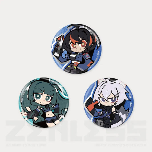 58mm chibi-style tinplate pins from the Zenless Zone Zero New Eridu Series, featuring members of the Criminal Investigation Special Service.
