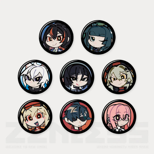 Set of 8 38mm mini character pins from the Agent Portrait Blind Box series, made of tinplate with glitter pad paper for a shimmering effect. Packaged in aluminum foil bags and a collector’s box.