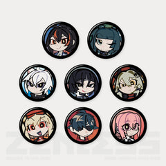 Set of 8 38mm mini character pins from the Agent Portrait Blind Box series, made of tinplate with glitter pad paper for a shimmering effect. Packaged in aluminum foil bags and a collector’s box.