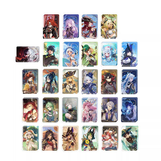 Each card showcases a unique character with distinct hairstyles, outfits, and colors. The characters display a range of expressions and poses, and the backgrounds of the cards have different decorative patterns, creating a visually appealing and diverse set.