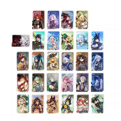 Each card showcases a unique character with distinct hairstyles, outfits, and colors. The characters display a range of expressions and poses, and the backgrounds of the cards have different decorative patterns, creating a visually appealing and diverse set.