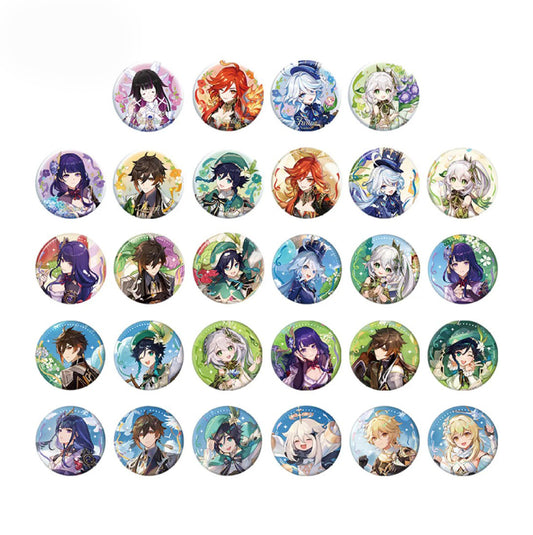 Genshin Impact Anniversary Celebration Series Pins – Multiple circular tinplate pins featuring various game characters (with floral details) arranged in rows, part of the fan collection set.