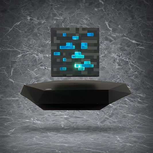 Magnetic levitating Minecraft-style block lamp floating and glowing blue above a black base.
