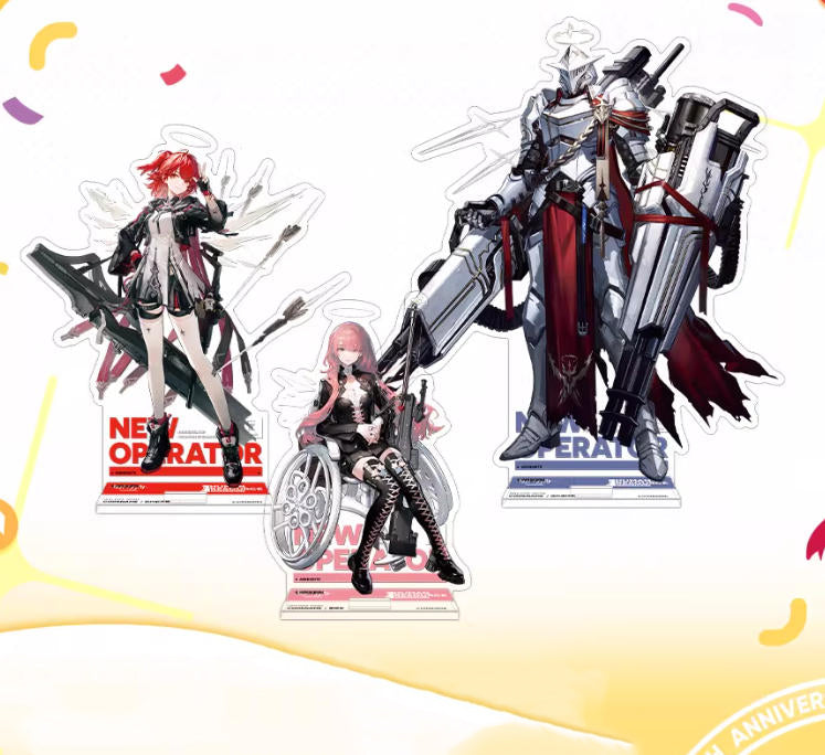 Three Arknights character acrylic standees featuring Exusiai the Holy, Lumen, and Faith Blender, displayed against a light gradient background with colorful confetti accents, showcasing their dynamic 6th anniversary combat outfits and "NEW OPERATOR" bases.