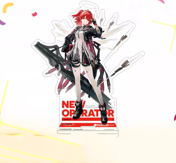 Acrylic standee of Exusiai the Holy from Arknights, featuring her striking red hair and dynamic 6th anniversary combat outfit, displayed against a light gradient background with colorful confetti accents and a red "NEW OPERATOR" base.
