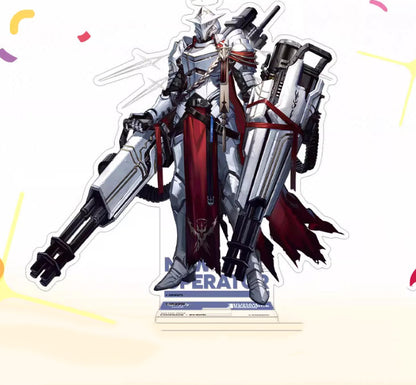Acrylic standee of Faith Blender from Arknights, featuring its imposing, heavily armored design with dual large cannons, displayed against a light gradient background with colorful confetti accents and a blue "NEW OPERATOR" base.