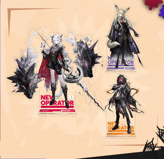 Set of three acrylic standees from Arknights, featuring Lappland the Decadenza, Frostnova, and W, displayed against a soft peach background. Each operator is depicted in their signature dark combat outfit with dynamic poses, standing on colored "NEW OPERATOR" bases that match their character designs.