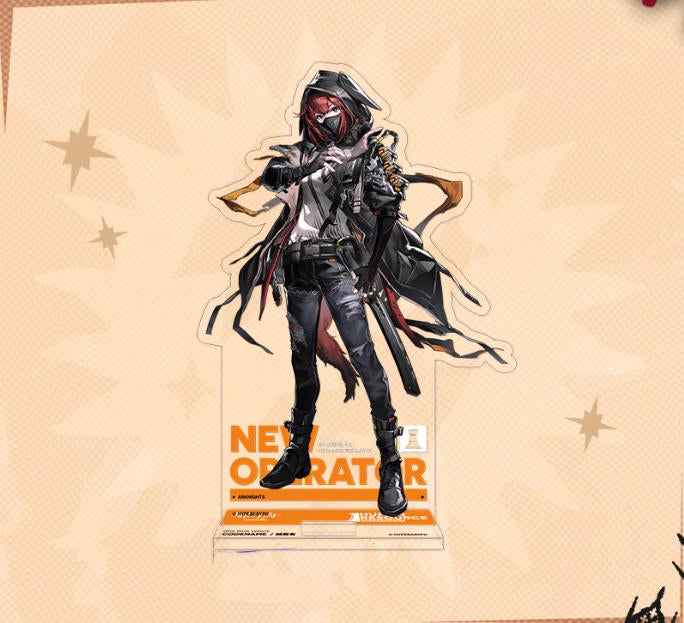 Acrylic standee of W from Arknights, displayed against a soft peach background with subtle star accents. The design features her signature dark, tattered combat outfit, dynamic pose, and an orange "NEW OPERATOR" base, capturing her iconic in-game aesthetic.