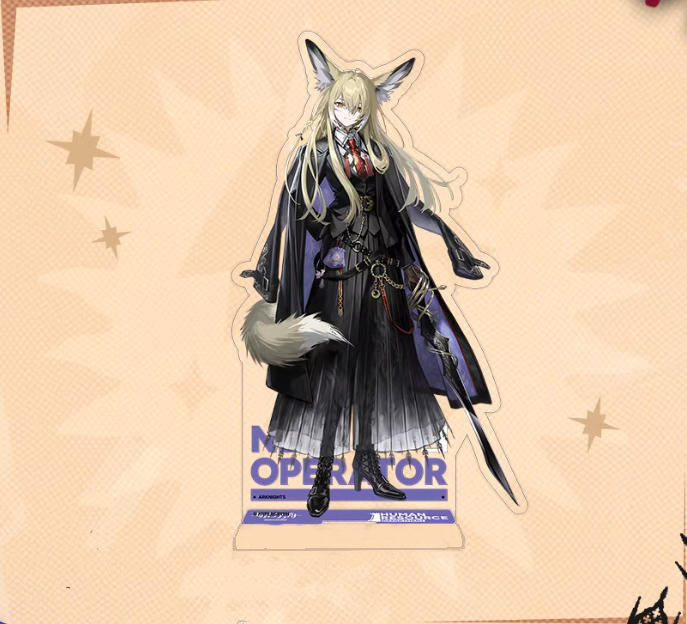 Acrylic standee of Frostnova from Arknights, set against a soft peach background with subtle star accents. The design features her elegant, dark purple and black outfit, fox-like ears, and a purple "NEW OPERATOR" base, capturing her regal and iconic in-game aesthetic.
