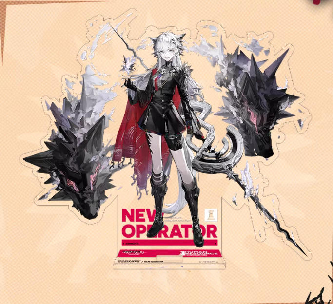 Acrylic standee of Lappland the Decadenza from Arknights, displayed against a soft peach background. The design features her striking black and red combat outfit, dual dragon-like appendages, and a bold red "NEW OPERATOR" base, capturing her fierce and iconic in-game aesthetic.
