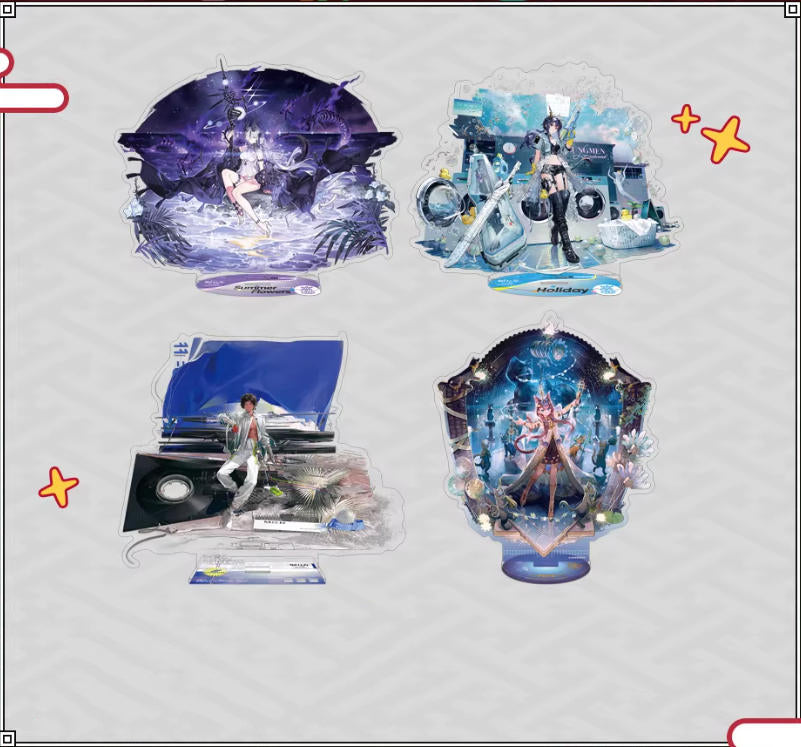 Four Arknights character acrylic standees featuring Pepe, Ch’en the Holungday, Gladiia, and Dusk in their themed outfits, arranged on a light off-white background with playful yellow star accents.