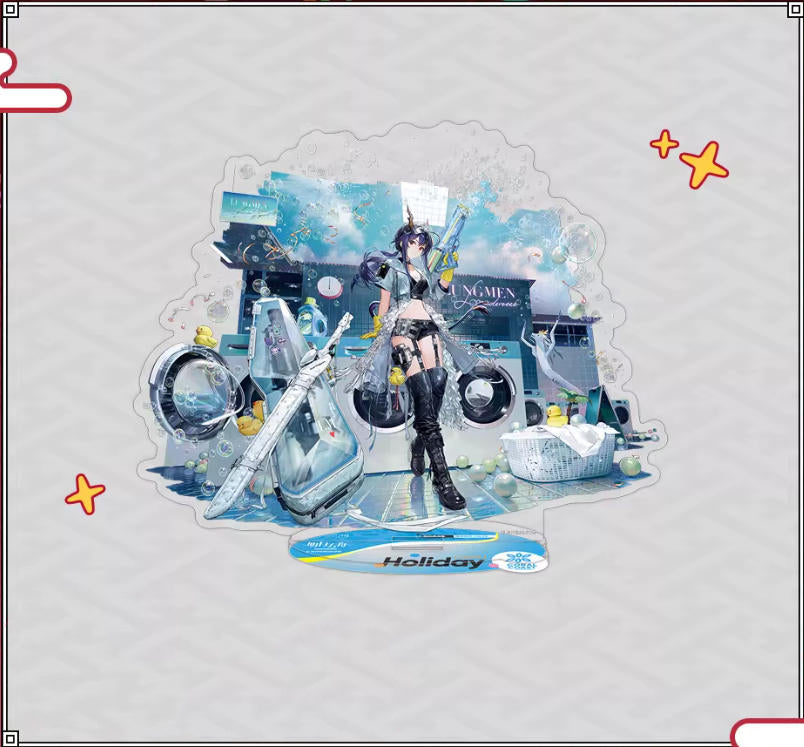 Acrylic standee of Ch’en the Holungday from Arknights in her Tranquil Holiday HD79 Ver. outfit, featuring a vibrant, cool-toned beach scene with dynamic, water-inspired details.