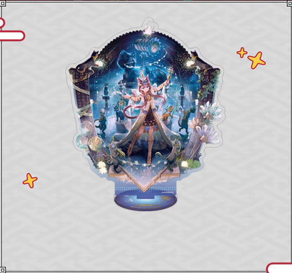 Acrylic standee of Pepe from Arknights in her Starshift Ver. outfit, showcasing a dreamy, purple-toned design with flowing, ethereal details against a plain light background.