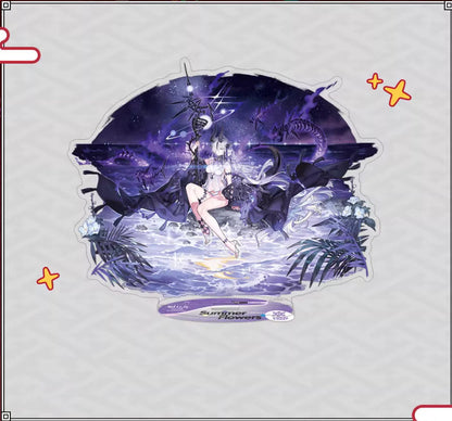 Acrylic standee of Dusk from Arknights in her Summer Resort FA161 Ver. outfit, featuring a vivid, cosmic-style design with a swirling blue and purple color palette and intricate character details.