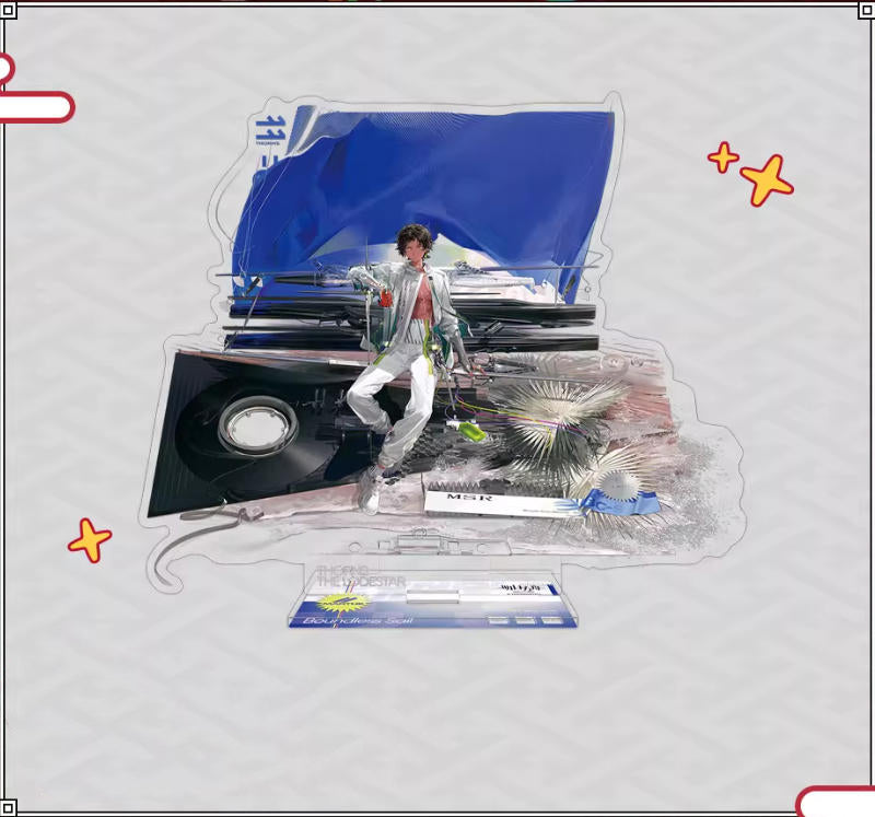 Acrylic standee of Gladiia from Arknights in her Sail of the Boundless Ver. outfit, displaying a bold, nautical-themed design with a deep blue backdrop and sharp, striking details.