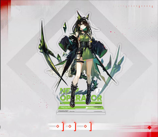 Acrylic standee of Mon3tr from Arknights, featuring her striking green and black plant-themed combat outfit, displayed against a light gray geometric background with a green "NEW OPERATOR" base.
