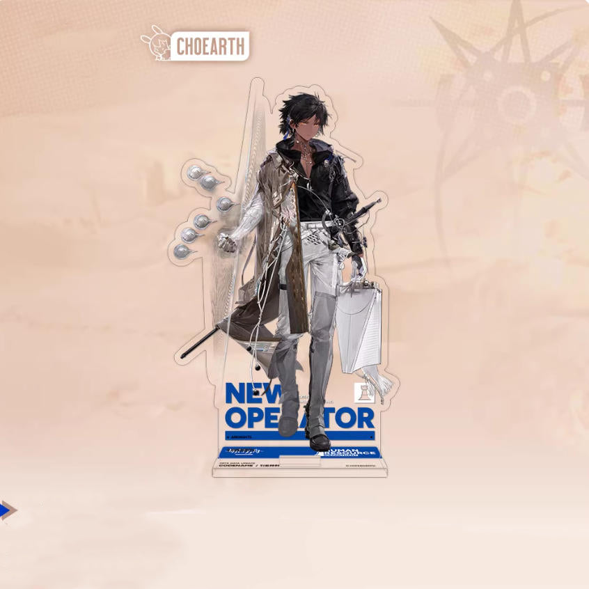 Acrylic standee of Thorns (Starfall) from Arknights, displayed against a soft peach background. The design features his sleek black-and-white Starfall outfit, dynamic battle-ready pose, and a blue "NEW OPERATOR" base, capturing his iconic celestial-inspired in-game aesthetic.