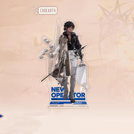 Acrylic standee of Thorns (Starfall) from Arknights, displayed against a soft peach background. The design features his sleek black-and-white Starfall outfit, dynamic battle-ready pose, and a blue "NEW OPERATOR" base, capturing his iconic celestial-inspired in-game aesthetic.