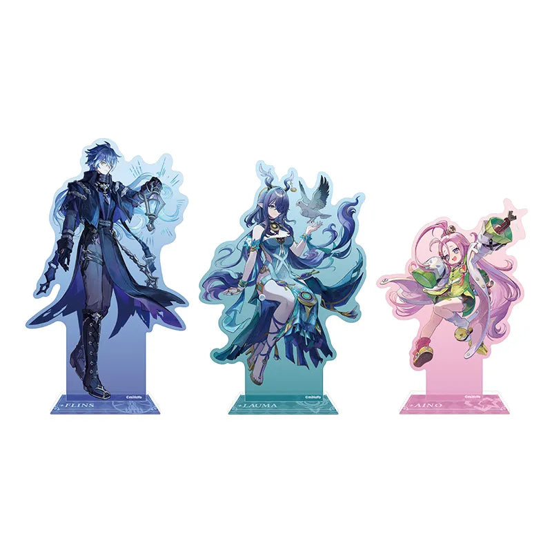A set of three acrylic stands from Genshin Impact fan collection.  All designs boast vibrant, anime-style illustrations with delicate, flowing details.
