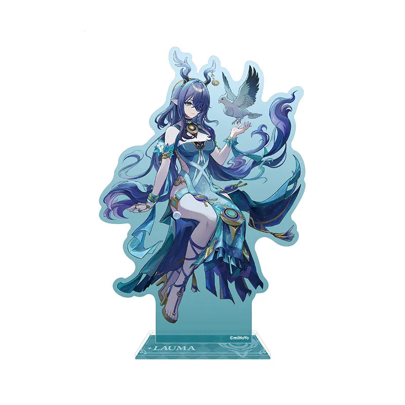 An intricately designed anime acrylic stand featuring a female character with flowing purple and teal hair, adorned in a vibrant, ethereal outfit of teal and deep blue hues. A white dove perches gently on her hand, and the stand rests on a gradient teal base printed with the name “LAUMA,” creating a serene and elegant display piece.