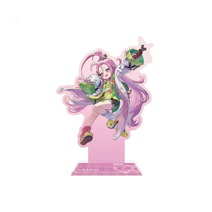 A vibrant anime acrylic stand featuring a lively female character with long, flowing pink hair, dressed in a colorful outfit of green, yellow, and pink tones. The character strikes a dynamic, energetic pose.