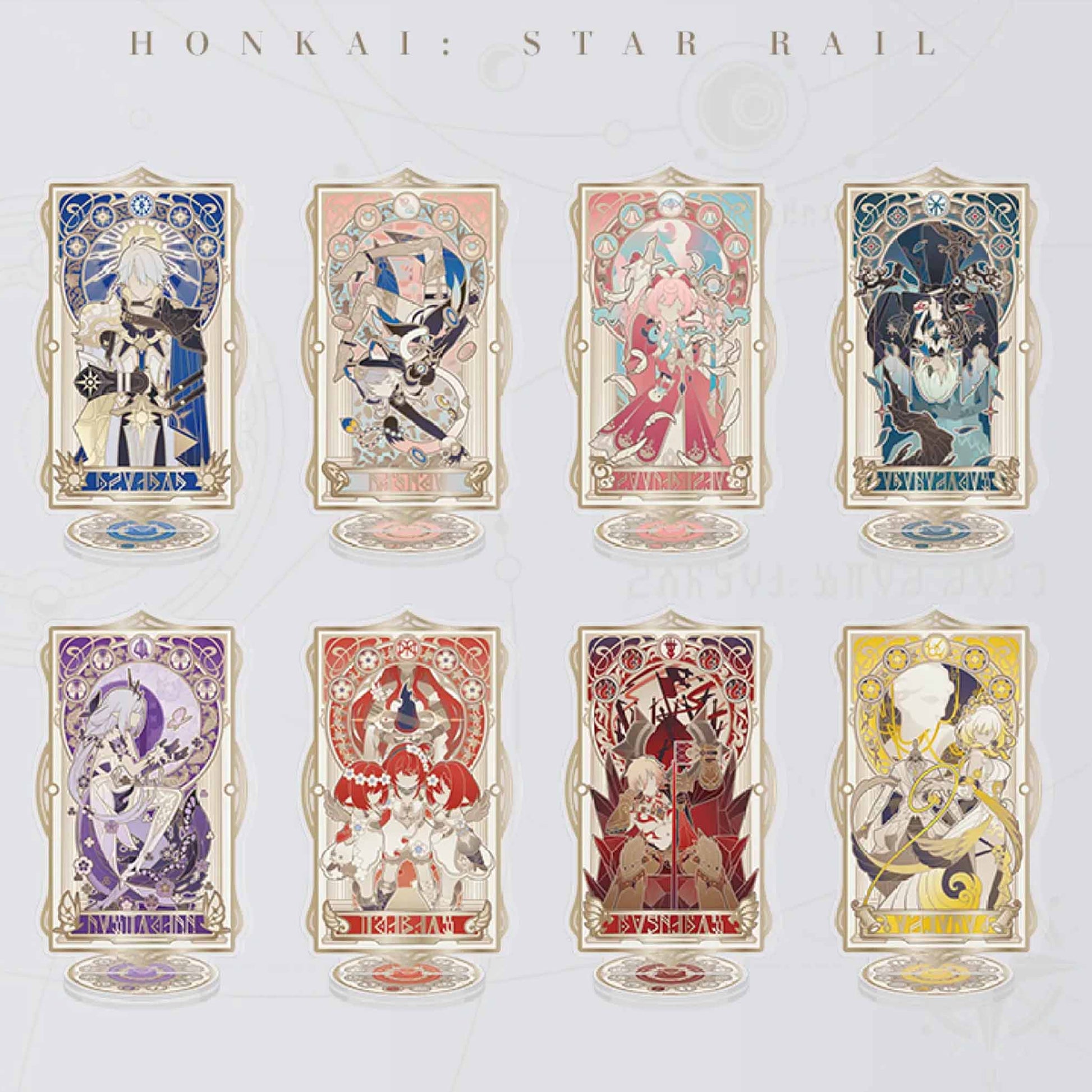 This is a set of 8 Honkai: Star Rail acrylic stands in Art Nouveau style, each with a unique color scheme and character design, featuring a golden decorative border.