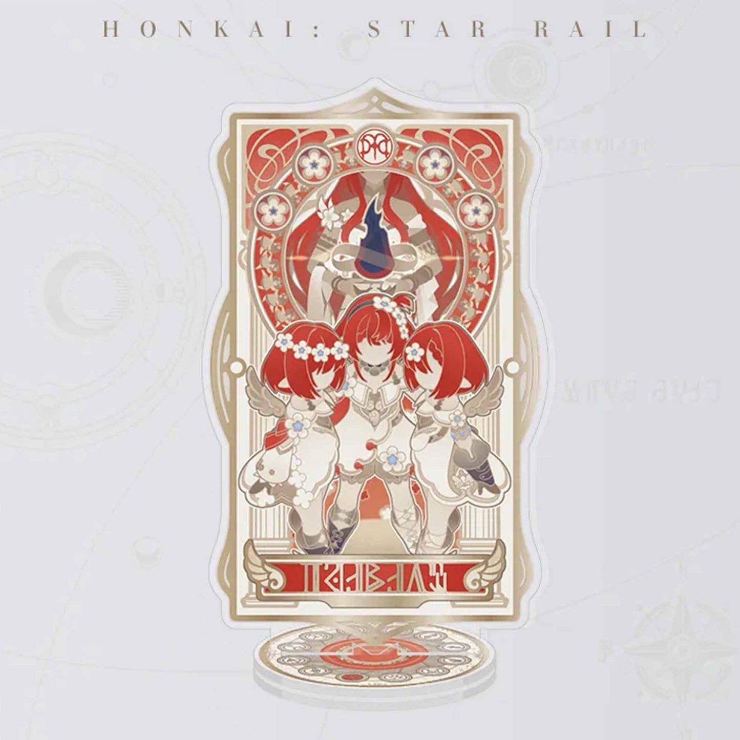 An acrylic stand of Tribbie from Honkai: Star Rail, in a red and white Art Nouveau design, with twin figures, floral details, and a vibrant golden border.