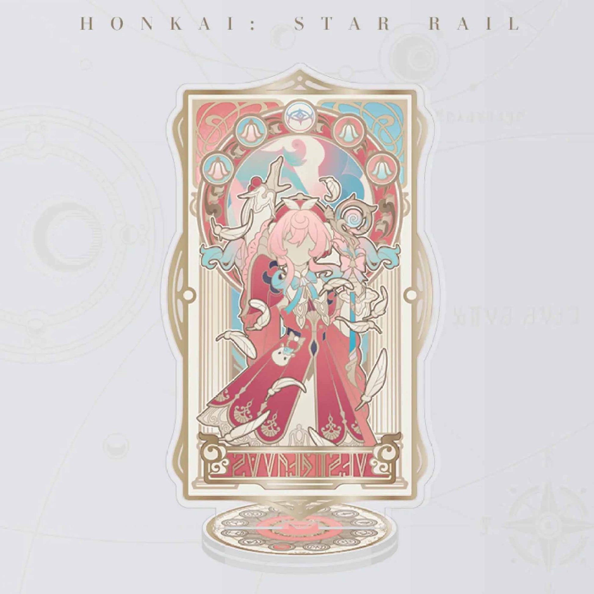 An acrylic stand of Hyacine from Honkai: Star Rail, in a pink and teal Art Nouveau design, with ornate feather motifs and a delicate golden border.