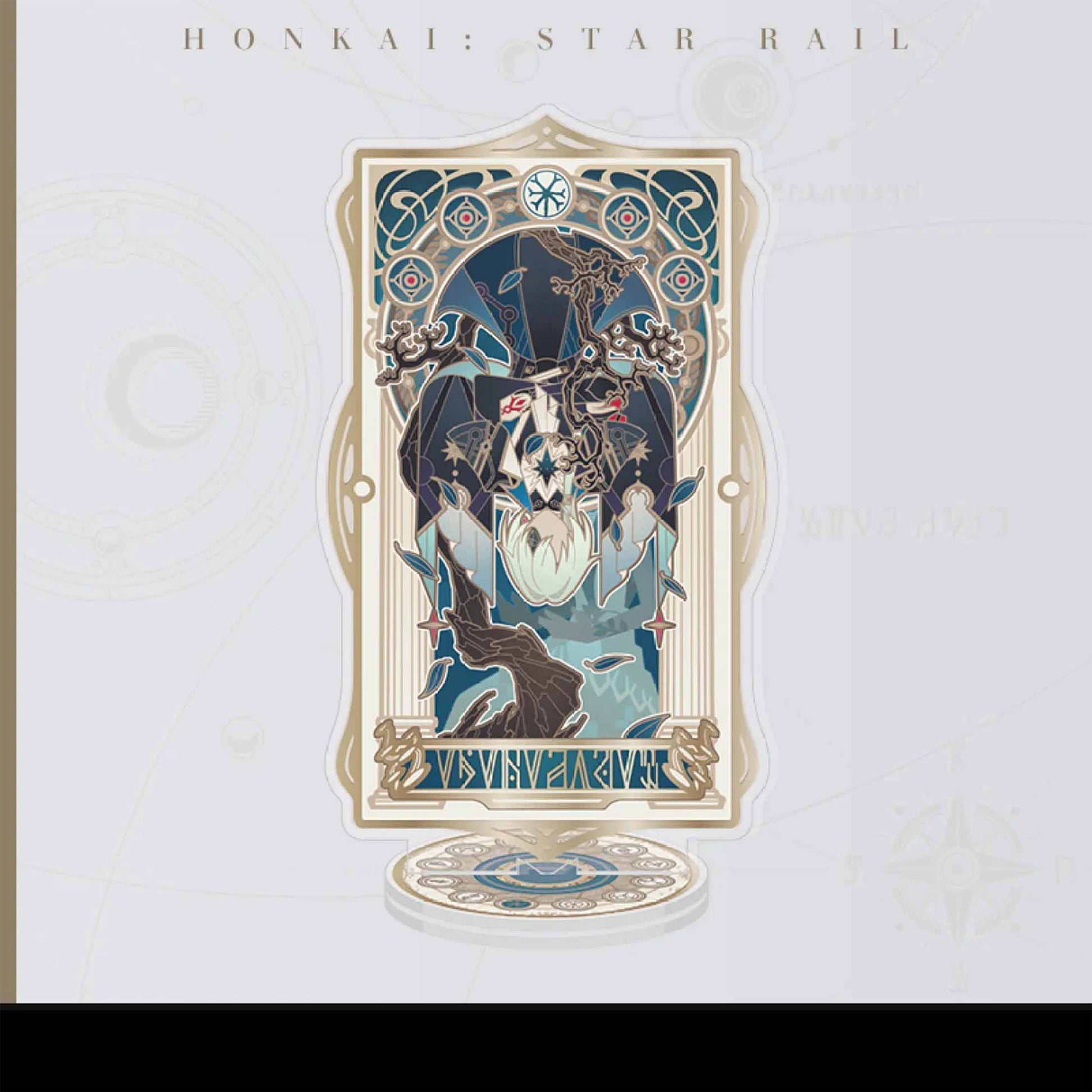 An acrylic stand of Anaxa from Honkai: Star Rail, with a dark blue and black Art Nouveau frame, featuring gnarled tree motifs and a detailed golden outline.