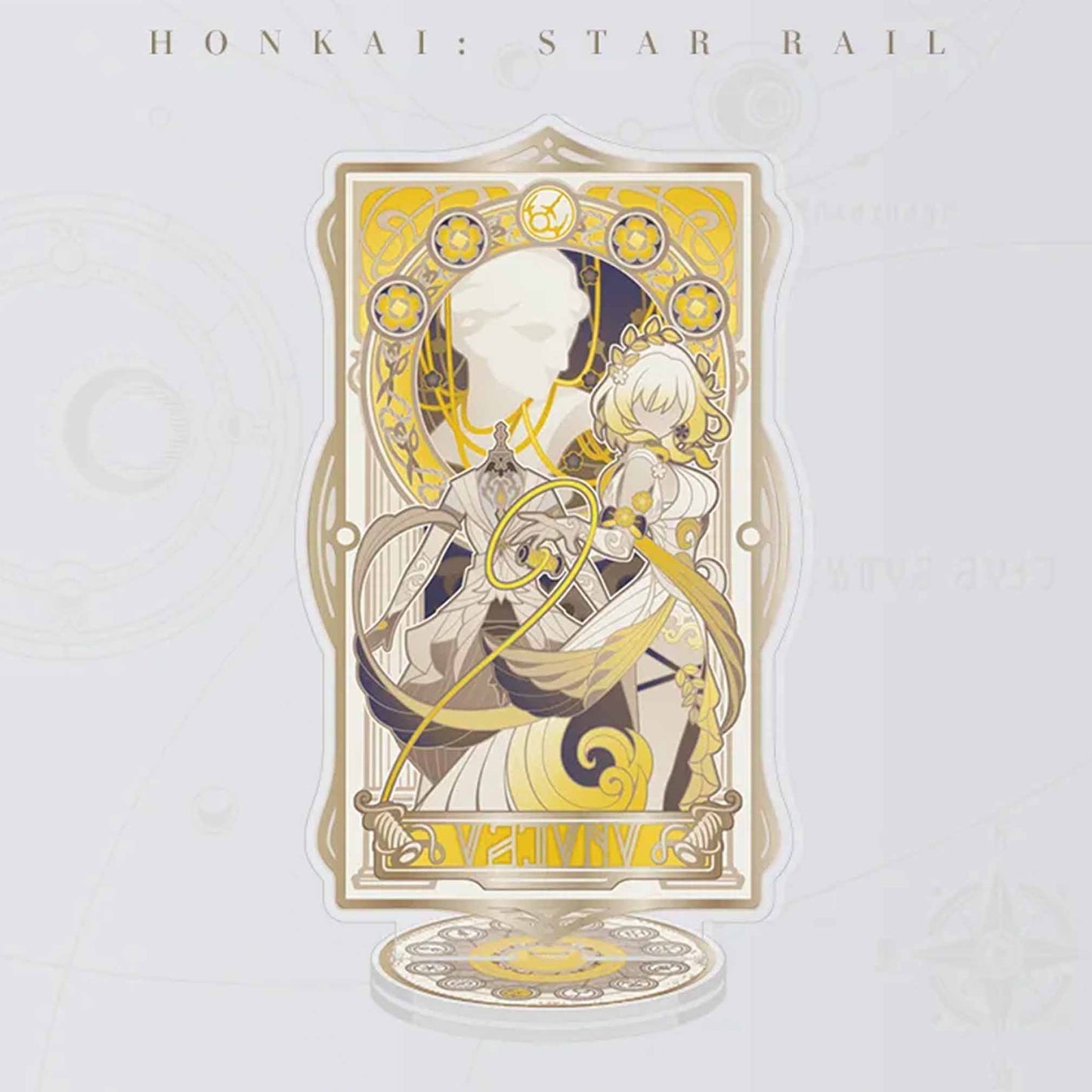 An acrylic stand of Aglaea from Honkai: Star Rail, with a yellow and black Art Nouveau frame, featuring mechanical motifs and a sleek, futuristic aesthetic.