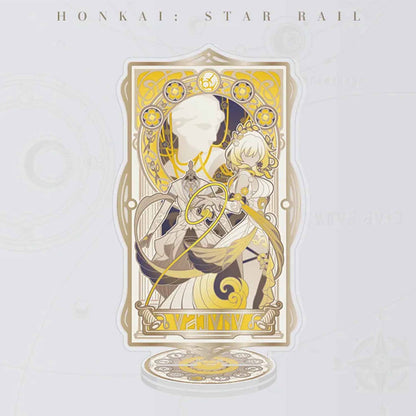 An acrylic stand of Aglaea from Honkai: Star Rail, with a yellow and black Art Nouveau frame, featuring mechanical motifs and a sleek, futuristic aesthetic.