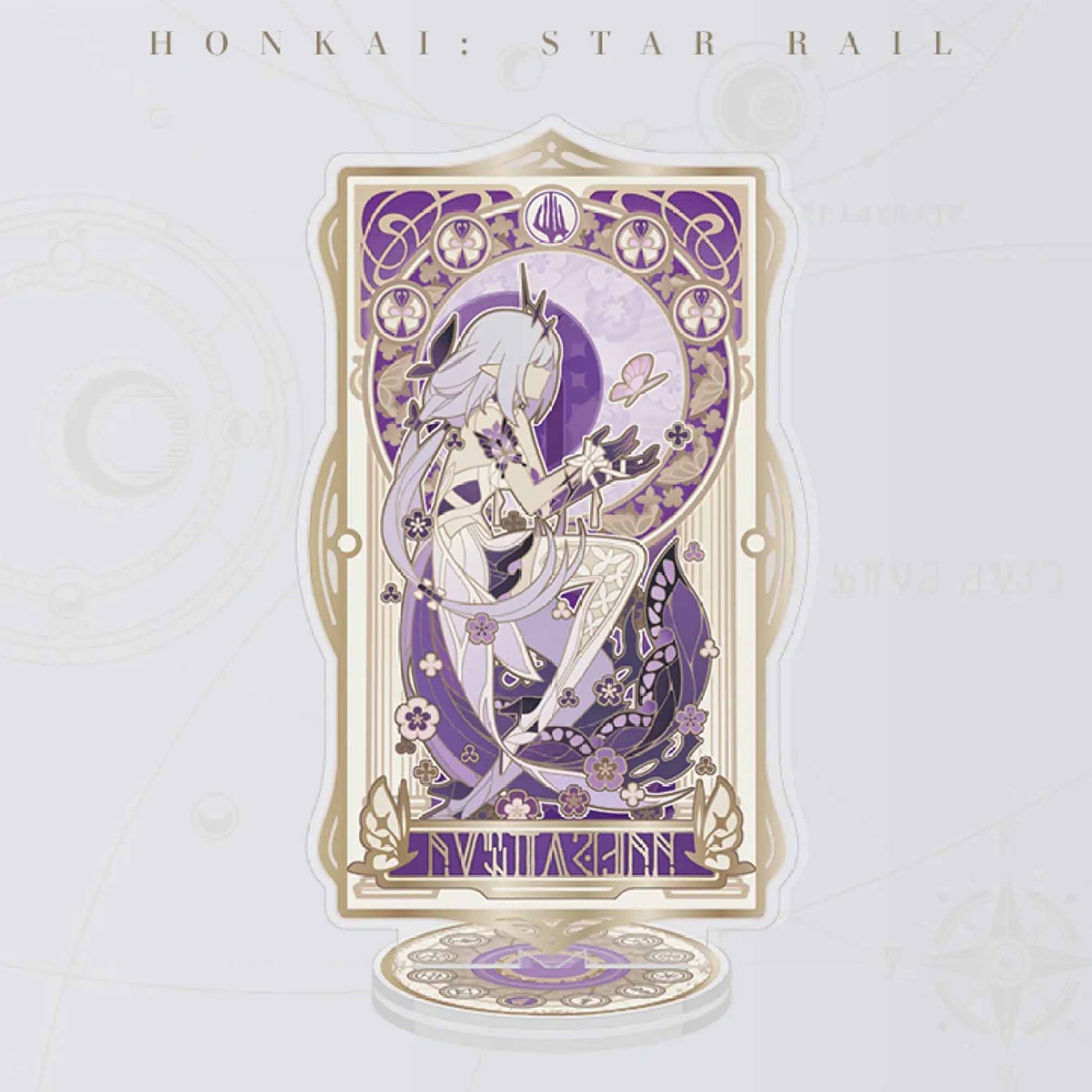 An acrylic stand of Castorice from Honkai: Star Rail, in a purple and gold Art Nouveau style, adorned with floral patterns and an elegant, flowing design