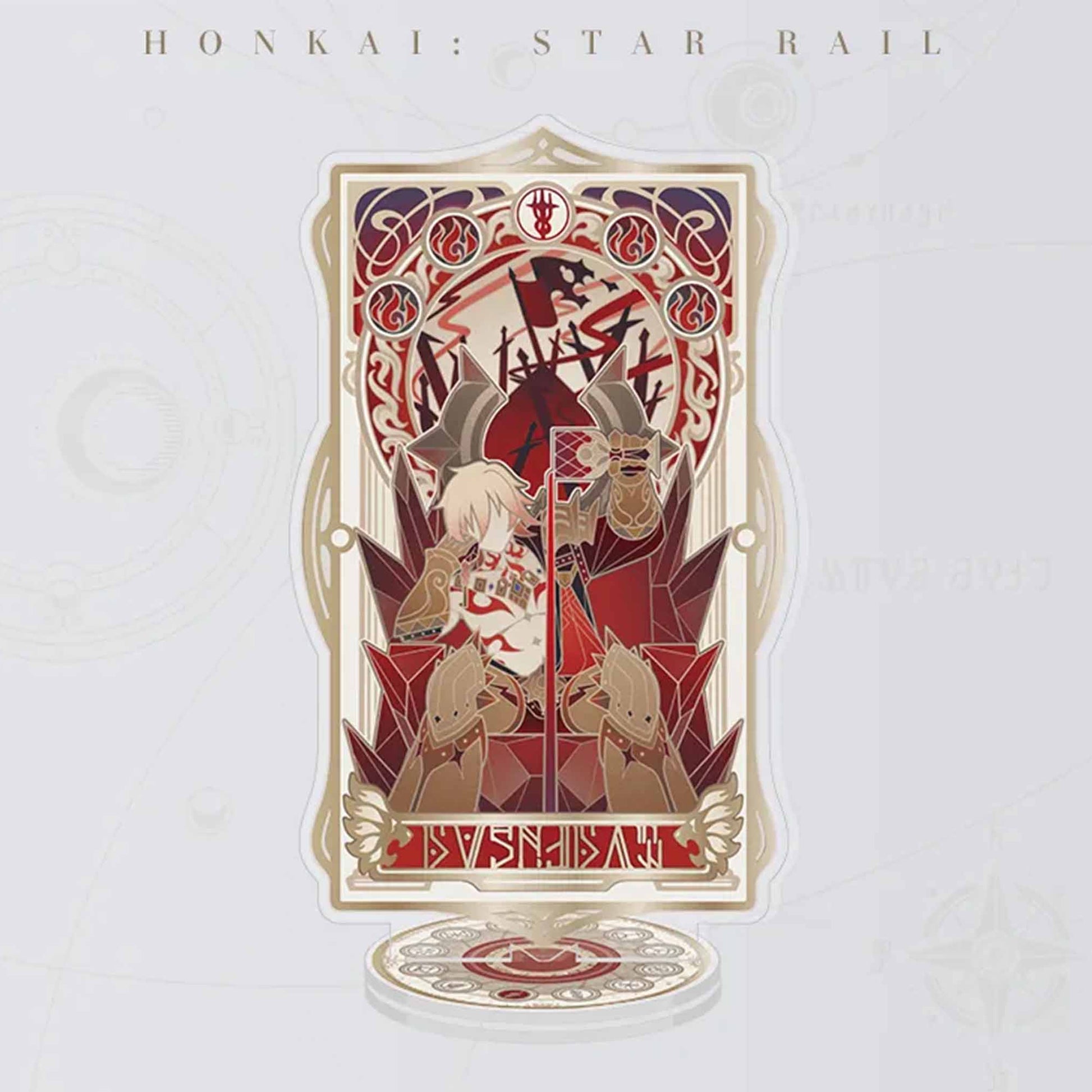 An acrylic stand of Blade from Honkai: Star Rail, with a red and black Art Nouveau frame, featuring sharp, fragmented motifs and a dramatic, bold design.