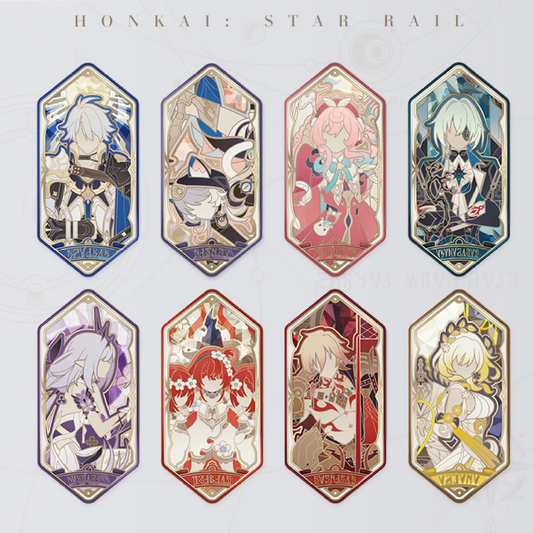 This is a full set of 8 hexagonal metal bookmarks from Honkai: Star Rail, featuring a stained glass art style with layered enamel and gold accents. Each bookmark showcases a different iconic character, making it an official HoYoverse collectible perfect for fans and readers.
