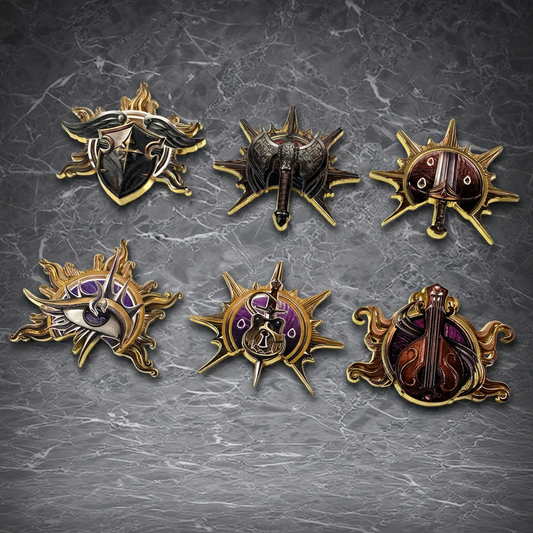 This is a collection of six ornate, fantasy-themed metal badges, each featuring unique designs such as a shield, axe, sword, eye, musical instrument, and a hooded figure, all with intricate gold and purple detailing, perfect for collectors and fans of epic themes.