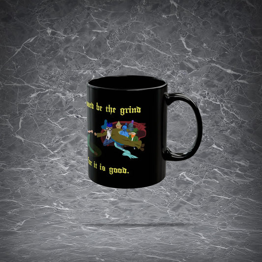 Black 11oz ceramic mug featuring "Blessed be the grind" text and OSRS characters Nieve and Gnome Child in a Creation of Adam parody art.