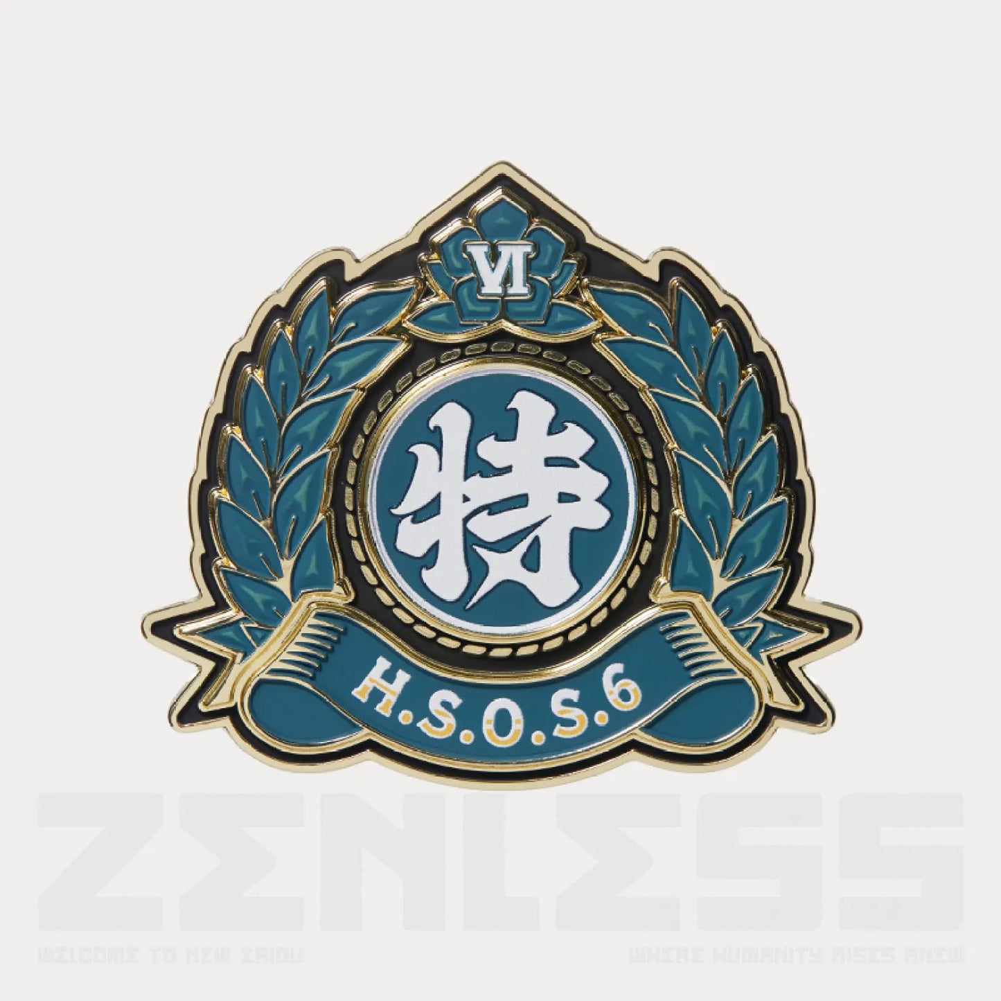 Zinc alloy pin featuring the Anti-aircraft Class6  faction emblem from Zenless Zone Zero, with teal and gold enamel details and a secure butterfly clutch backing.