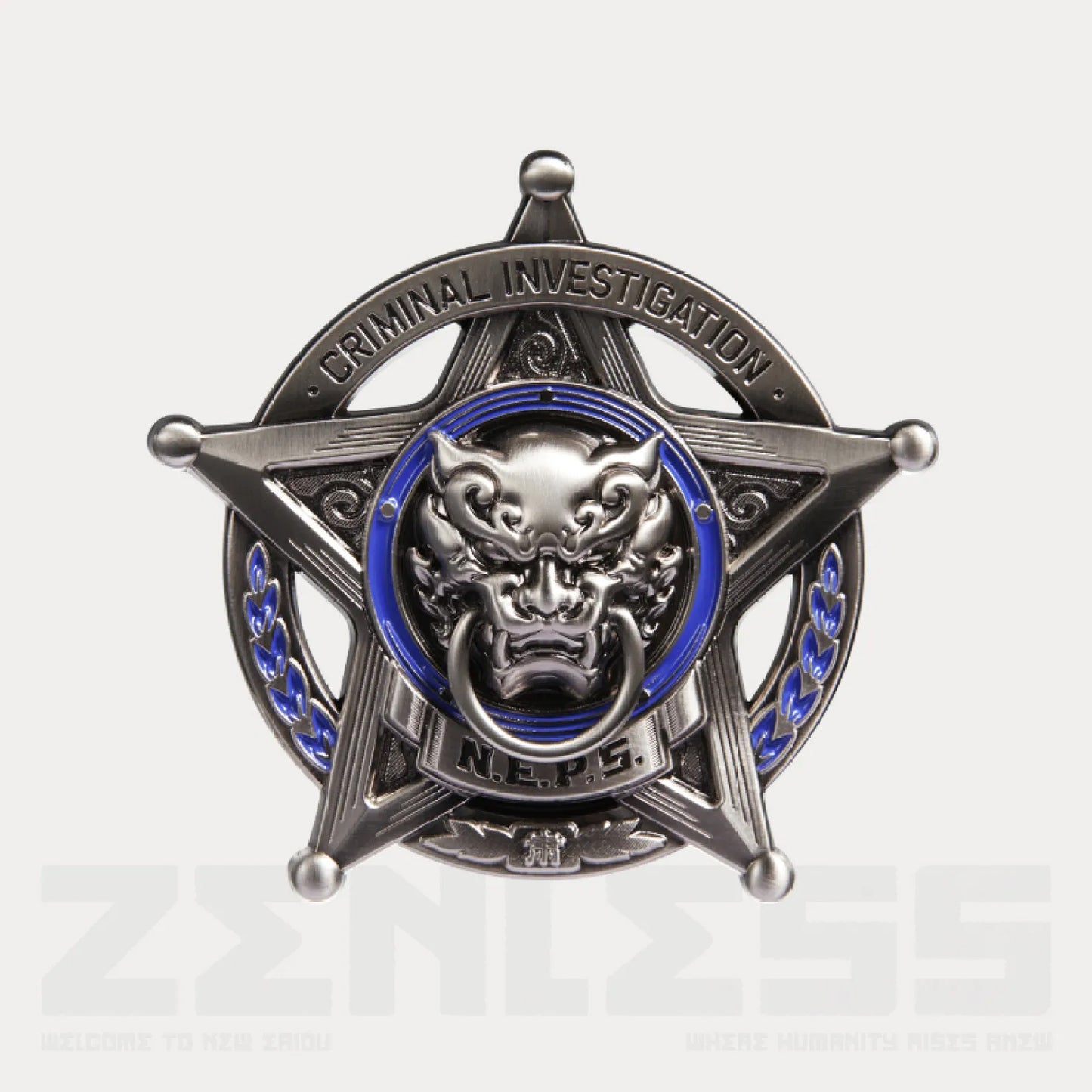 Zinc alloy pin featuring the Criminal Investigation Special Ops faction emblem from Zenless Zone Zero, with 3D sculpting, blue enamel accents, and a secure butterfly clutch backing.