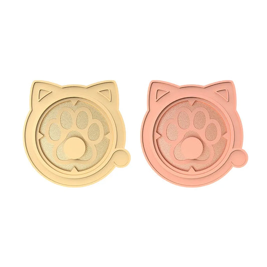 Pair of cat claw-shaped metal pin stands from the Genshin Impact Genius Invokation TCG Tournament Series, shown in gold and rose gold finishes. Each stand features a raised circular groove designed to hold collectible pins securely, with a cute cat ear silhouette on top. Made from durable zinc alloy with an electroplated finish for a smooth, scratch-resistant surface.