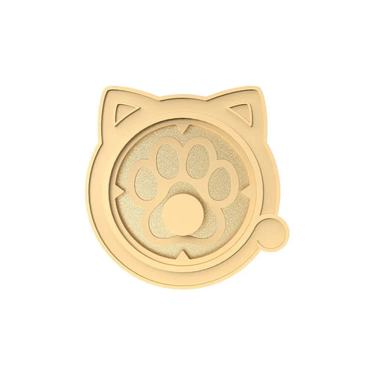 Cat claw-shaped metal pin stand from the Genshin Impact Genius Invokation TCG Tournament Series, in a polished gold finish. The stand features a raised circular groove to securely display collectible pins, with a playful cat ear silhouette. Constructed from durable zinc alloy with an electroplated coating for long-lasting shine.