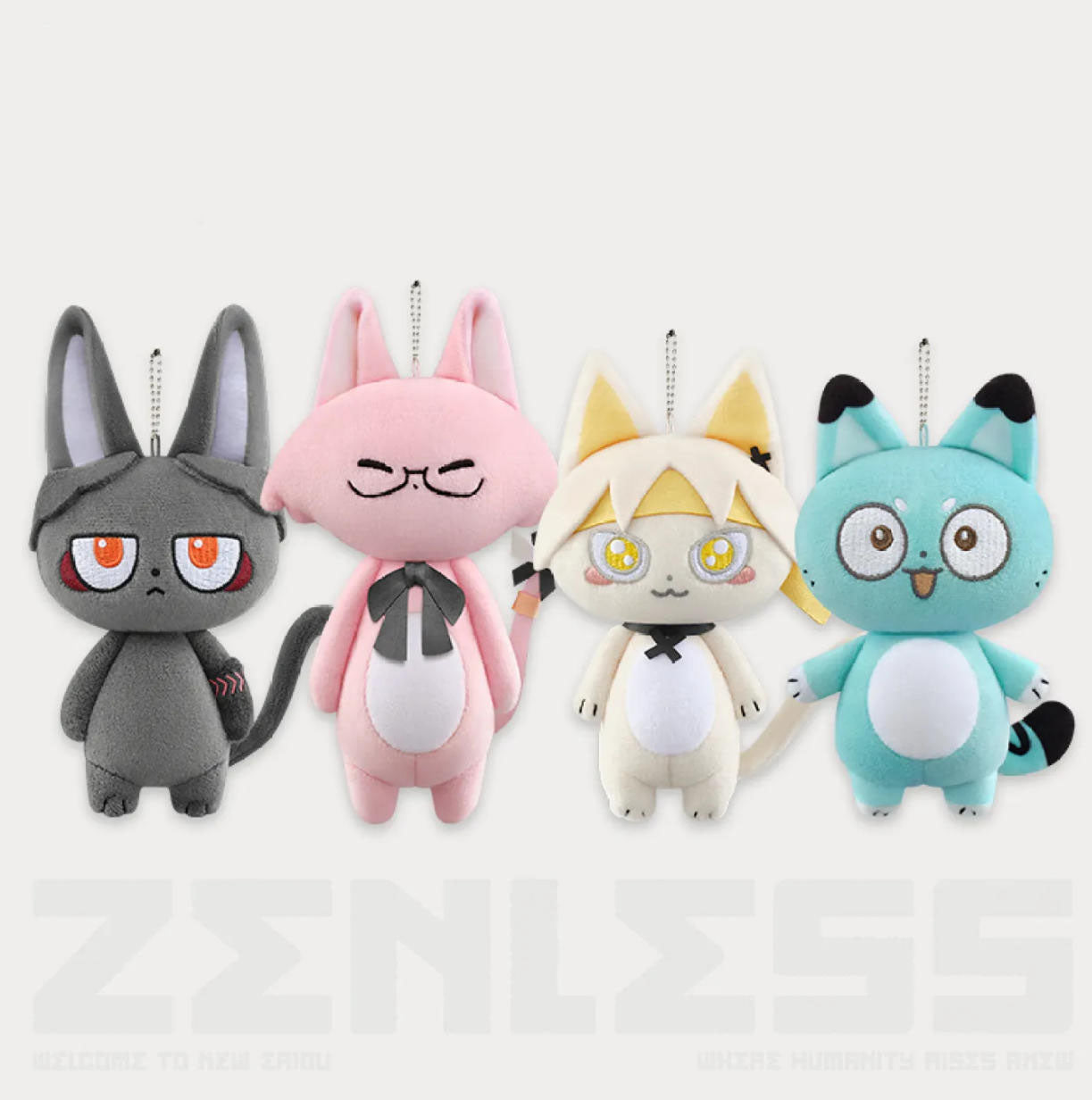 This image features four cat doll keychains in a row: a dark gray one with long pointed ears, orange eyes and a black bow tie; a pink one with closed eyes, a white belly patch, a black bow tie and a black-and-white bow on its tail; a white one with yellow inner ears/head accents, a black bow tie and a white belly patch; and a light blue one with black ear/tail tips, a white belly patch and an open mouth.
