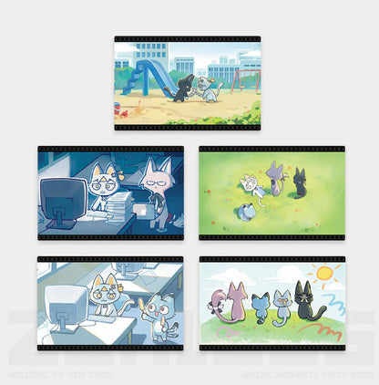 This set of images depicts multiple cat scenes: a black and a white cat playing at a playground with a blue slide on top; a white cat with yellow markings and a pink cat working at a desk with a computer and piles of papers on the middle left; four differently colored cats lying on green grass on the middle right.