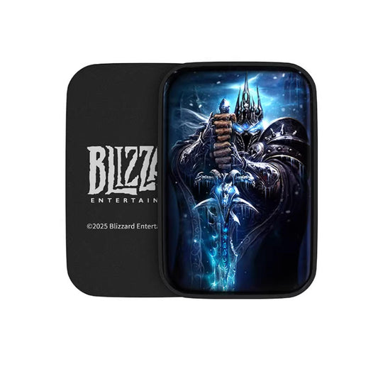 A close-up of a compact magnetic push slider with a glossy, icy-blue fantasy warrior character design, shown in a partially open position against a plain white background. 