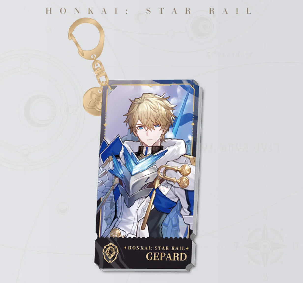 This Honkai: Star Rail acrylic keychain features Gepard in his heroic silver-and-blue armor, with a golden clasp and chain, set against a cool blue background.