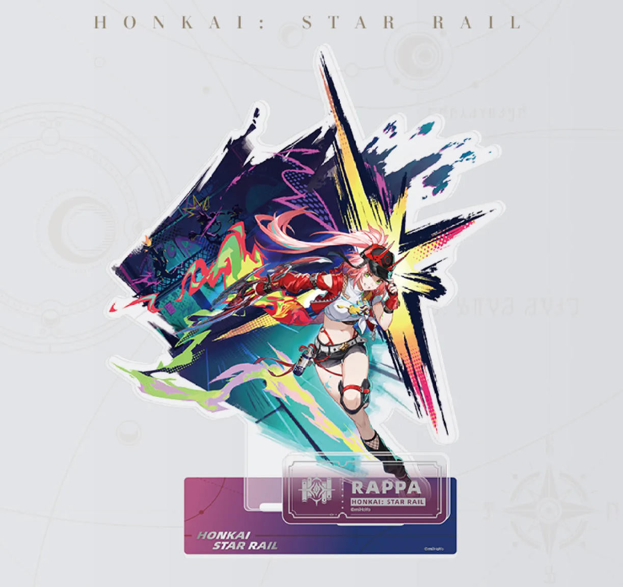 This Honkai: Star Rail acrylic stand features Rappa in a vibrant, graffiti-style combat pose, with a dynamic, multicolored explosion backdrop and a themed display base.

