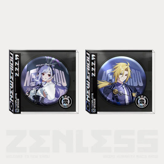 Two collectible tinplate pins from the Artwork Series of Zenless Zone Zero, featuring characters Hugo and Vivian from the Mimus crew.