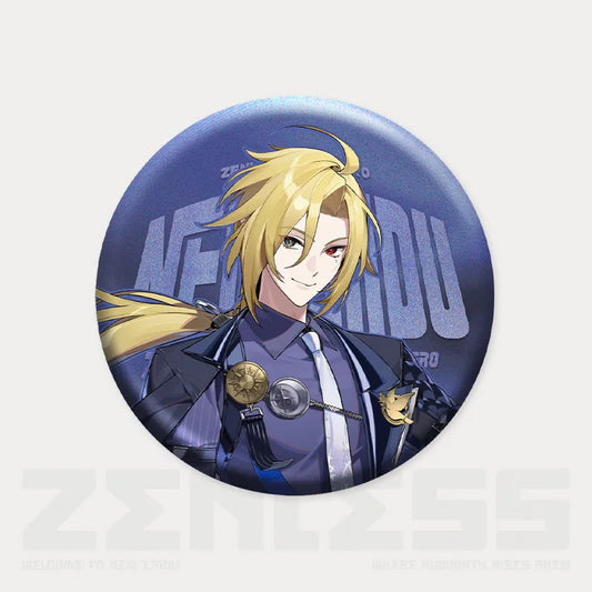 A 75mm tinplate pin featuring Hugo from Zenless Zone Zero in his Mimus uniform, presented on a deep blue background with a subtle polarized glitter effect. The pin comes on a black back card printed with ZZZ branding.
