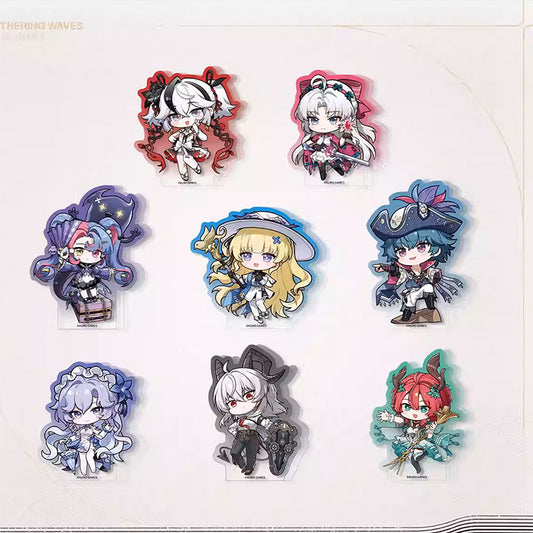 A full set of 8 Wuthering Waves Q-version acrylic standees, each with colorful outline accents, arranged neatly on a light backdrop.